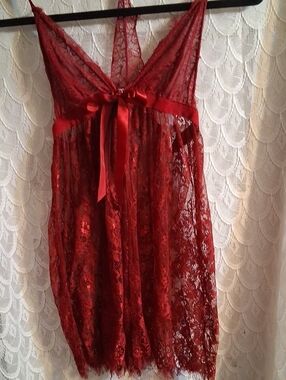 Red Lace Babydoll Chemise with Satin Bow - Women Intimates